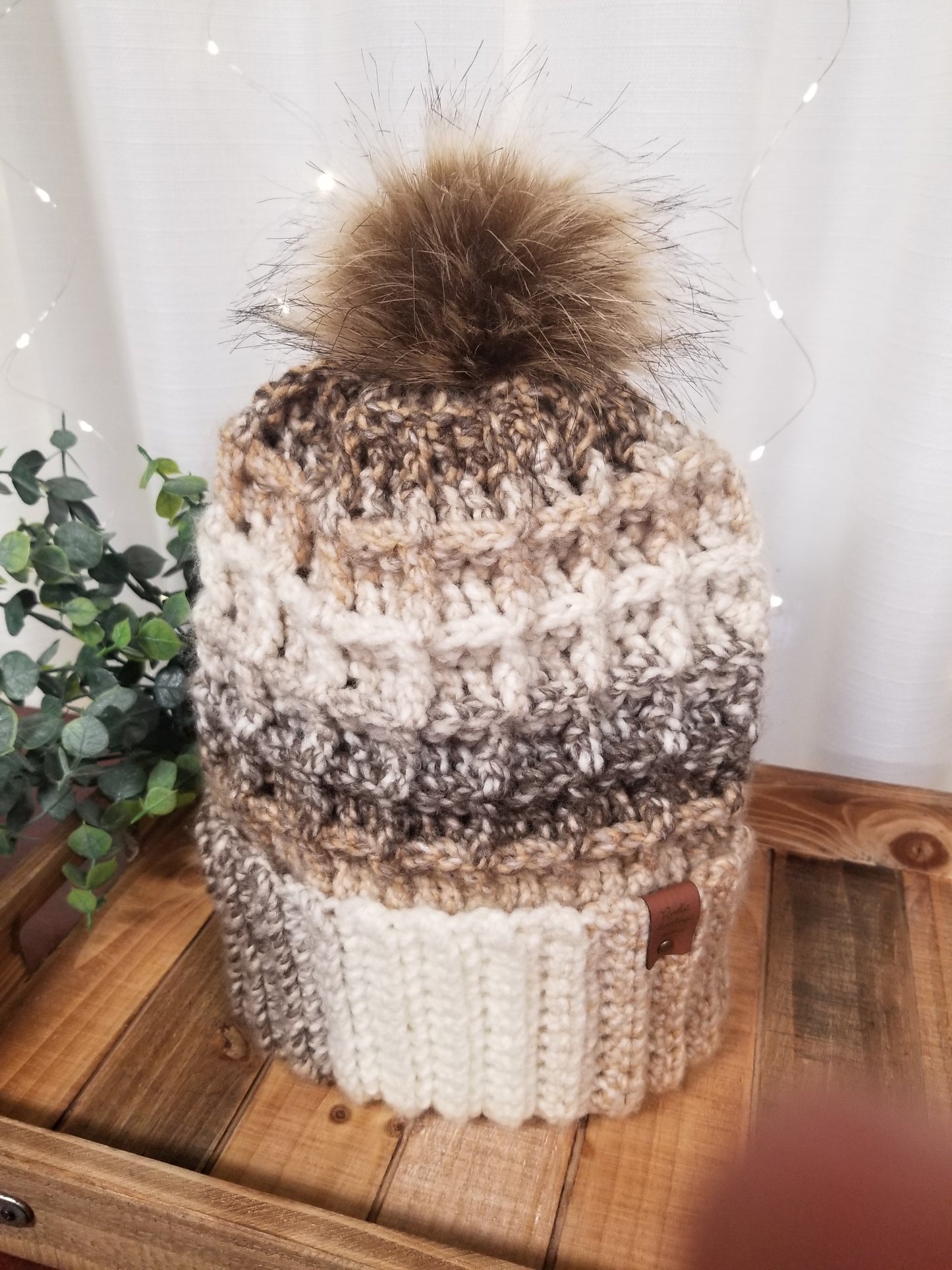 Waffle Style Adult Beanie with Pom - NATURAL BROWN TONES