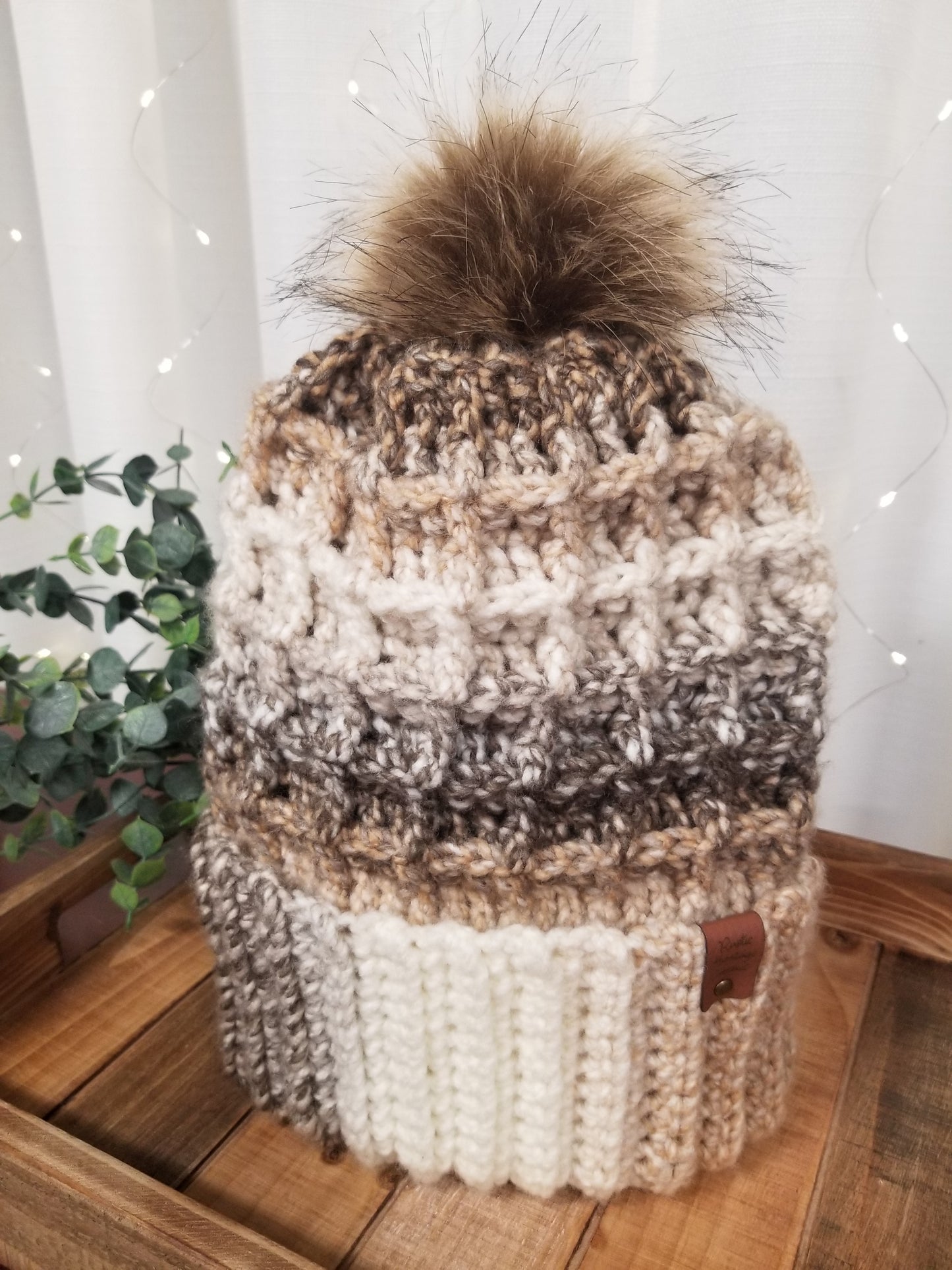 Waffle Style Adult Beanie with Pom - NATURAL BROWN TONES