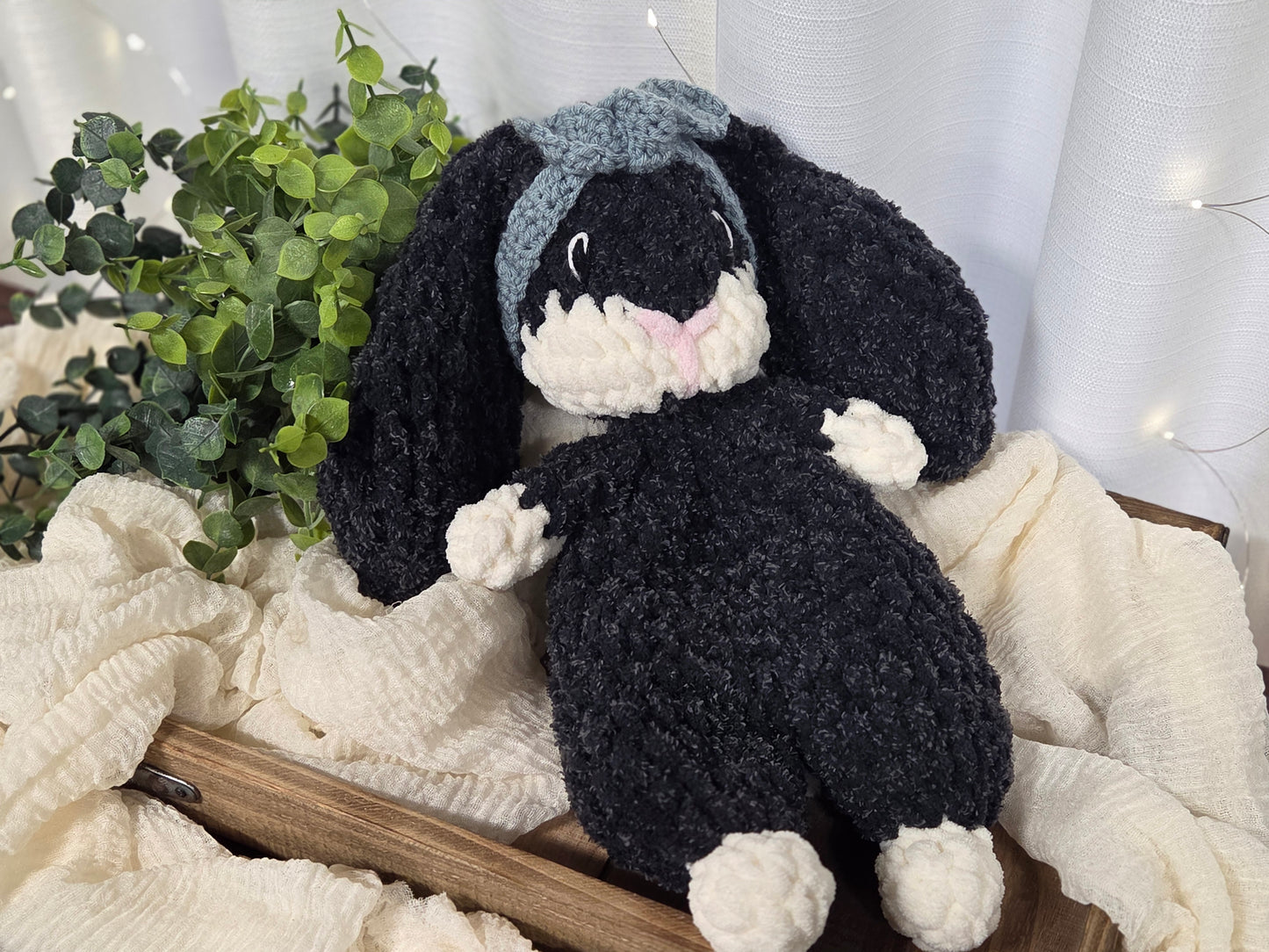 Bonnie Bunny Snuggler - Dark Navy/Gray Speckled Bunny with Light Blue Headband
