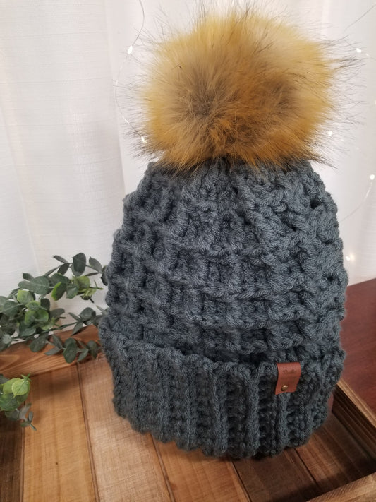 Waffle Style Adult Beanie with Pom - DUSTY BLUE
