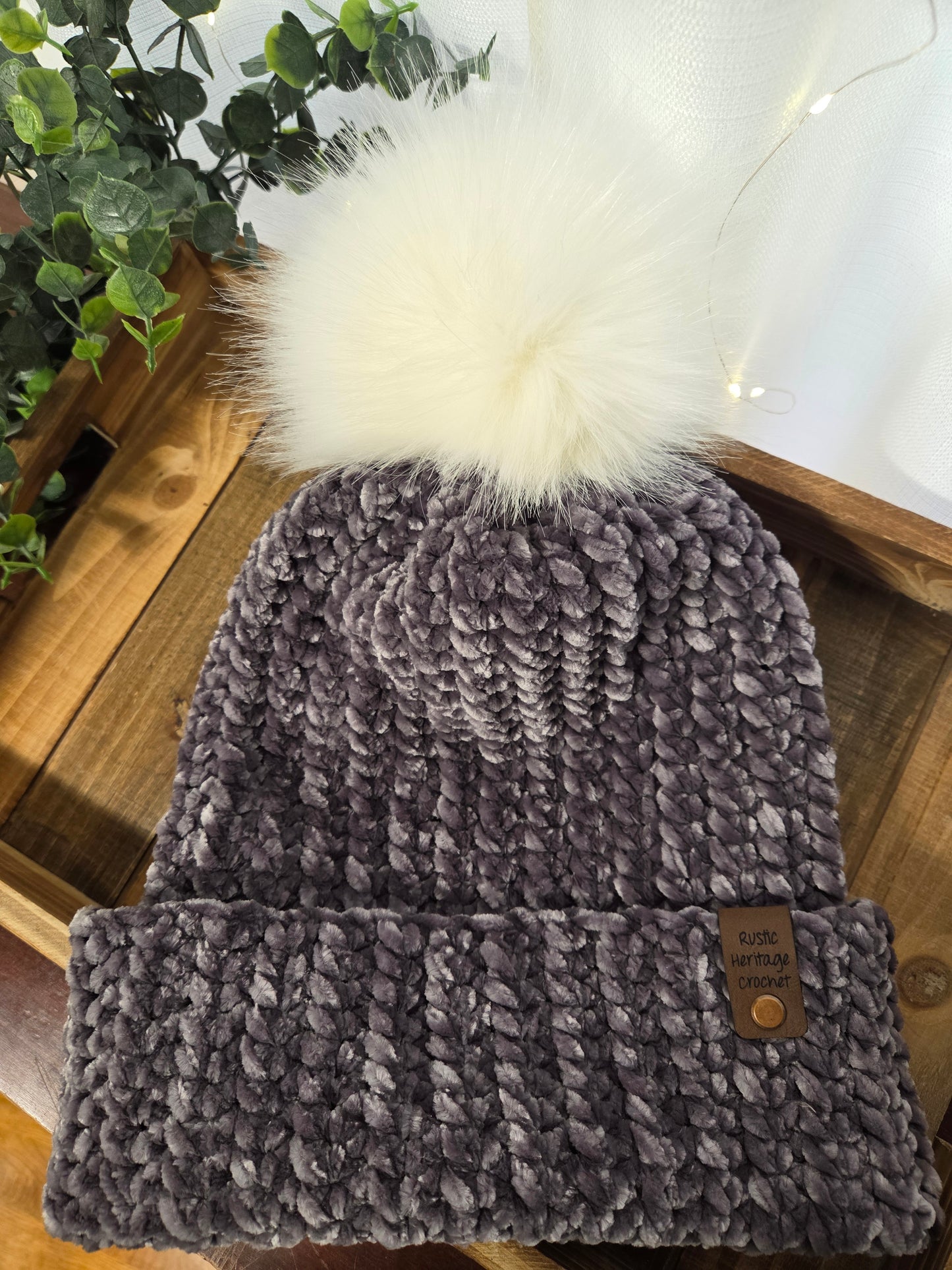 Adult Velvet Beanie - Gray with White Faux Fur Pom