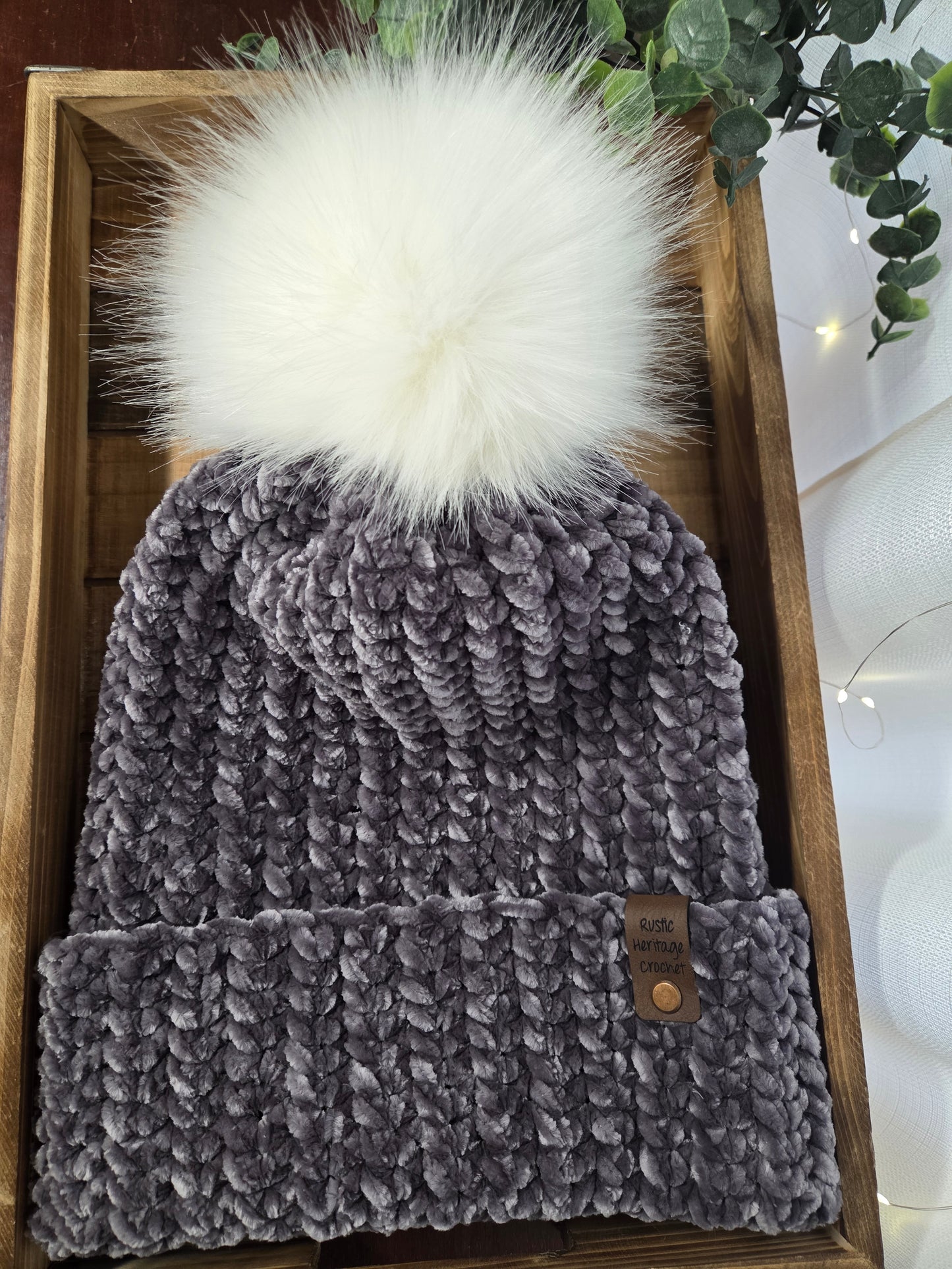 Adult Velvet Beanie - Gray with White Faux Fur Pom